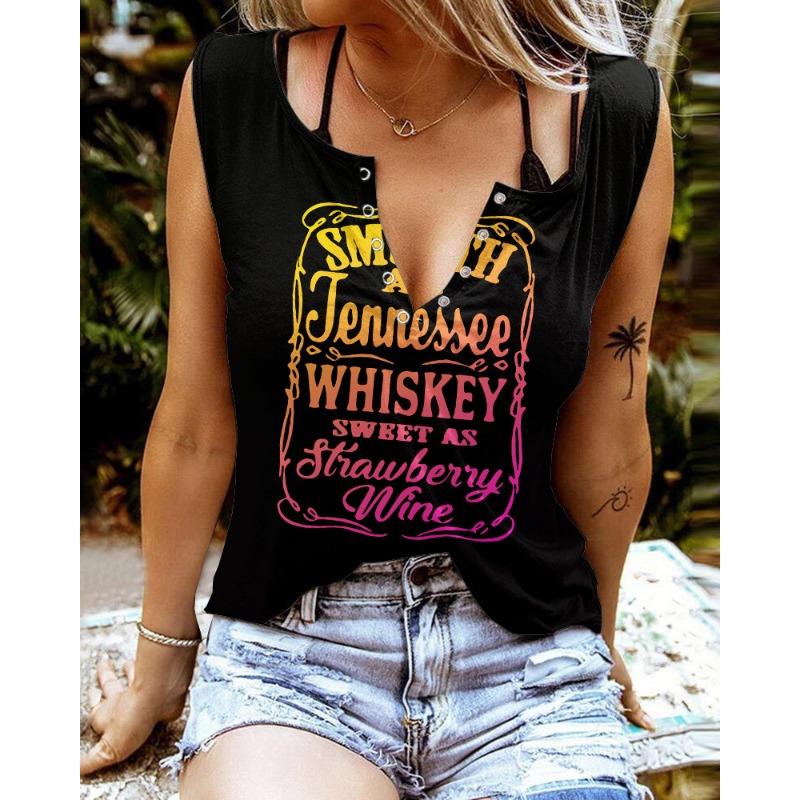 Zabawne T-shirty damskie bez rękawów z nadrukiem literowym i kolorowym dekoltem w serek