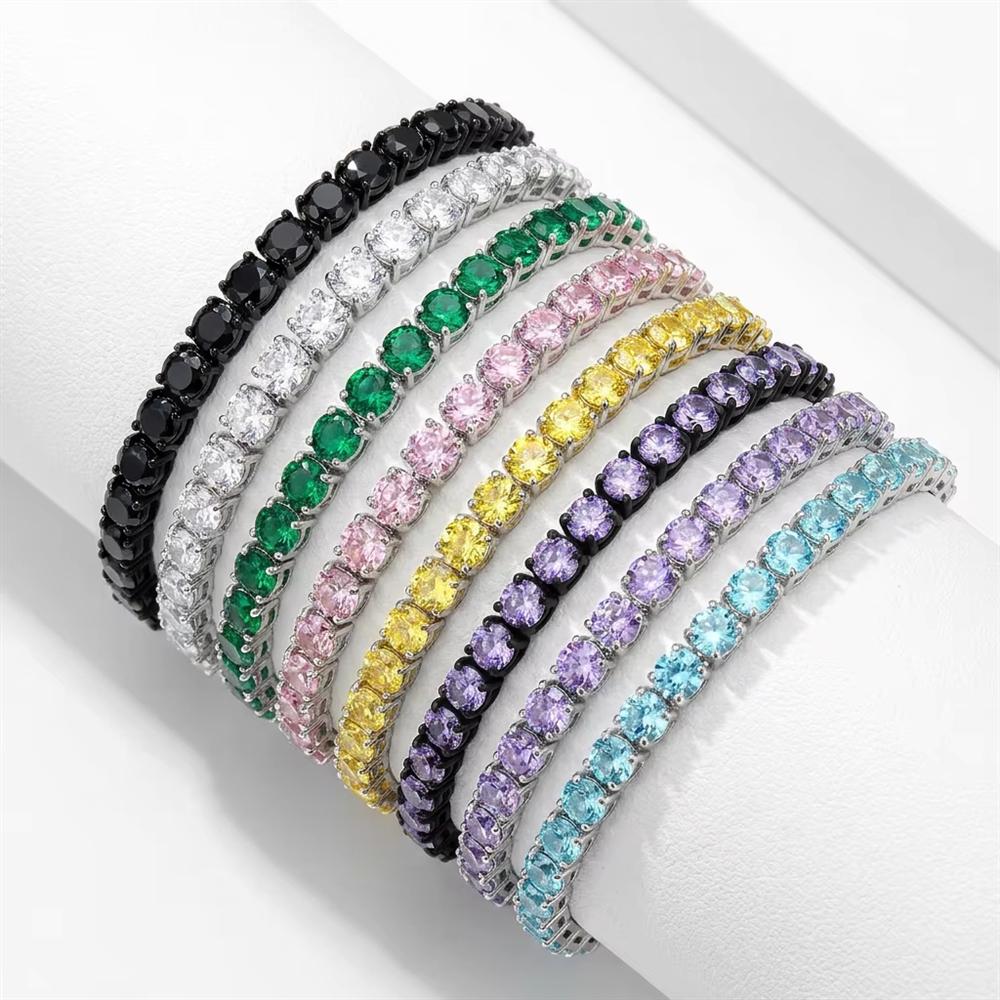 4mm Iced Out Colorful CZ Tennis Bracelet Multi Color 1 Row Cubic Zirconia Brass Spring Clasp Bling Hip Hop Jewelry for Women Men