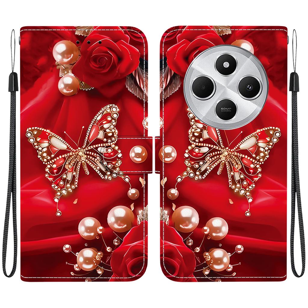 Handgefertigte PU-Leder-Klapphülle für Redmi 14C Rutschfeste stoßfeste Hülle mit Handschlaufe & Herz/Rose Katze Designs