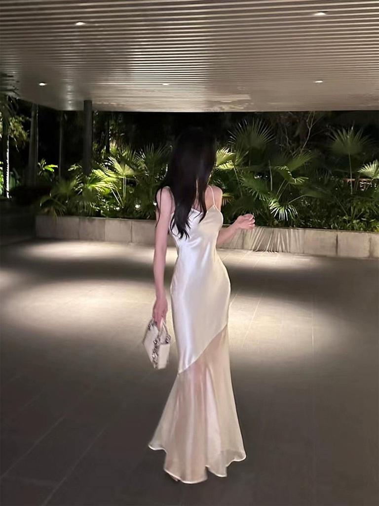 Elegant Imported Acetate Spliced Tulle Maxi Camisole Dress - Slim Fit Goddess Seaside Vacation Fishtail Design