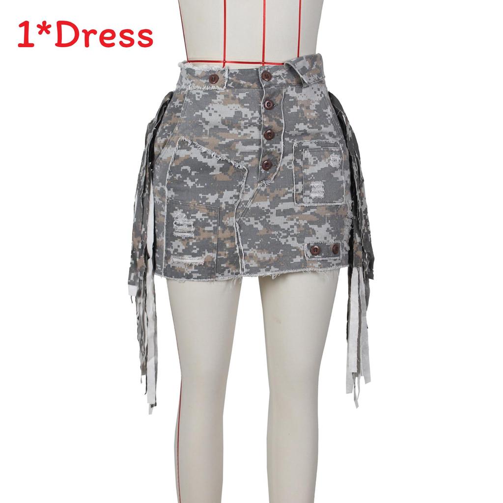 Falda Corta Para Mujer Verano Camuflaje Flecos Tela Vaquera Corte Ajustado Moda
