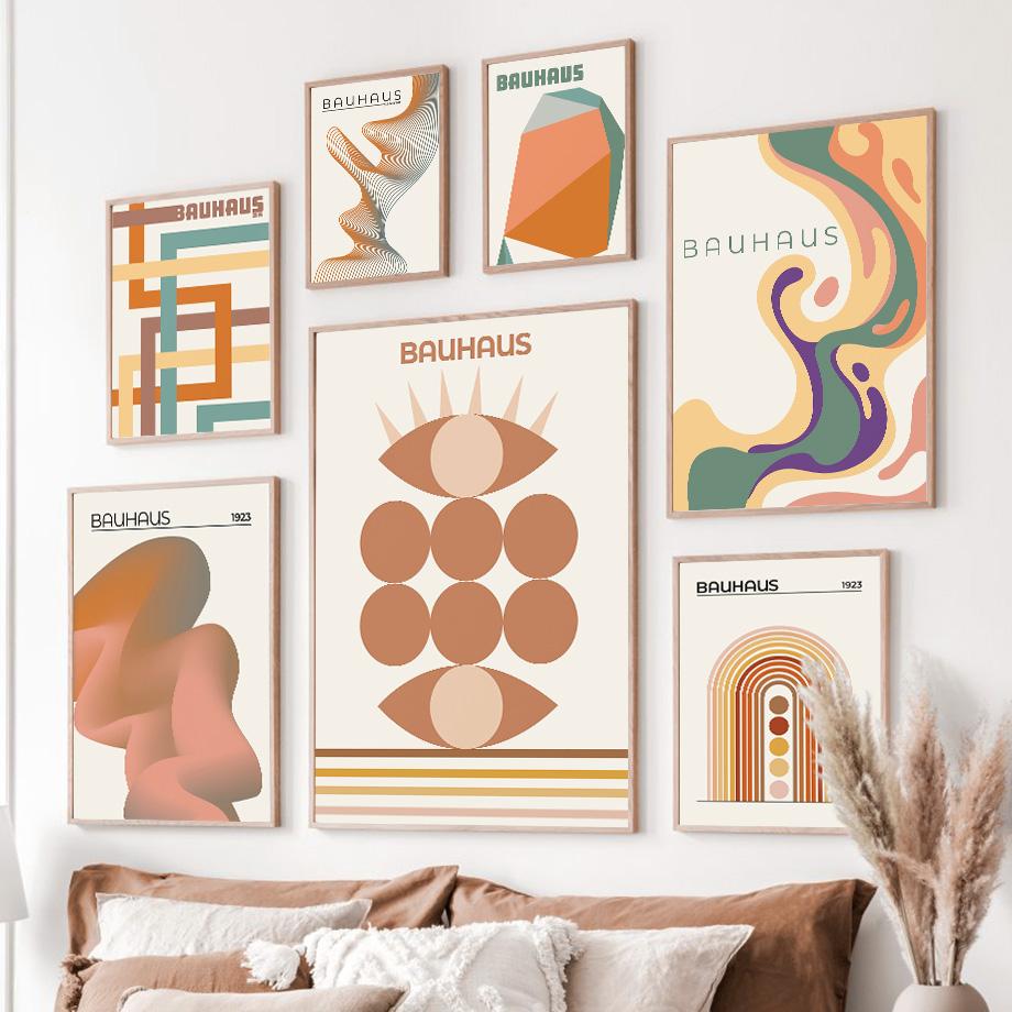 Bunte Bauhaus-Geometrie-Kreis-Linie-Regenbogen-Poster und Drucke, Wandkunst, Leinwandgemälde für Wohnzimmer, dekorative Bilder