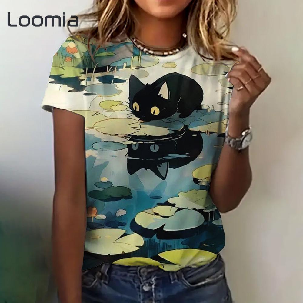 

Футболки с графикой кошек Летняя женская одежда Мода с круглым вырезом Женские футболки Топы Женская одежда Улицы Харадзюку Трендовая футболка 6xl