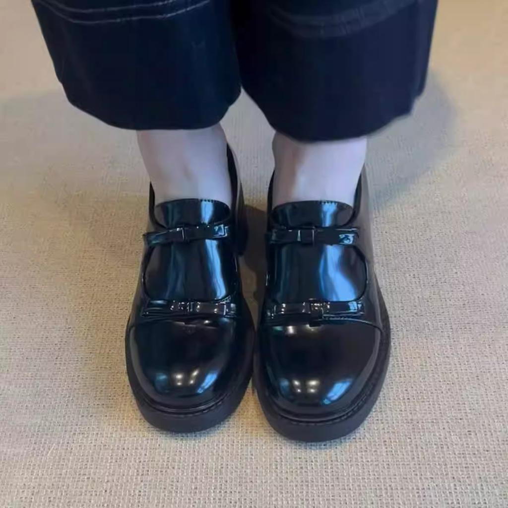 Cowhide version~ leather bow small leather shoes women's British style one-pedal high-heeled French single shoes platform loafers