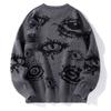 Mens Loose Crew Neck Long Sleeve Personalized Eye Pattern Warm Knit Sweater