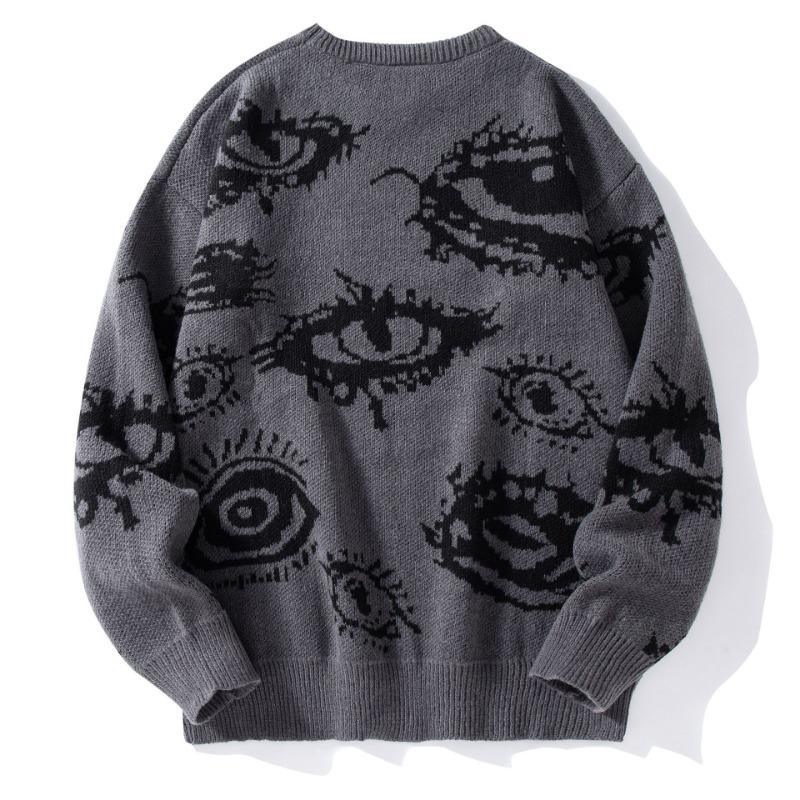 Mens Loose Crew Neck Long Sleeve Personalized Eye Pattern Warm Knit Sweater