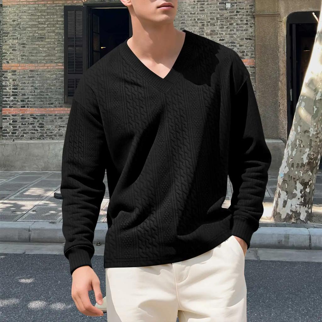 Spring Autumn Soild Color Jacquard V Neck Sweatshirt Knit Pullover Men's Casual Sweatshirts Long Sleeved Tops Sportwear