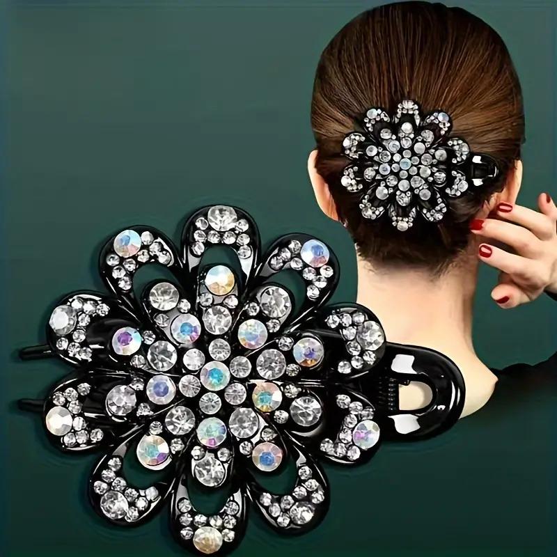 Blumen-Haarspange mit Kristall-Strass - ausgefallene Haarspange für Pferdeschwanz, elegante Haarspange für Frauen