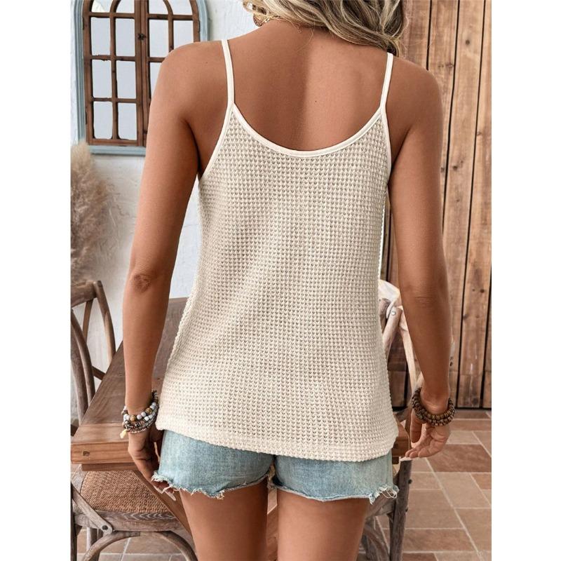 Canottiera da donna estiva in maglia con scollo a V e bordatura in pizzo, senza maniche