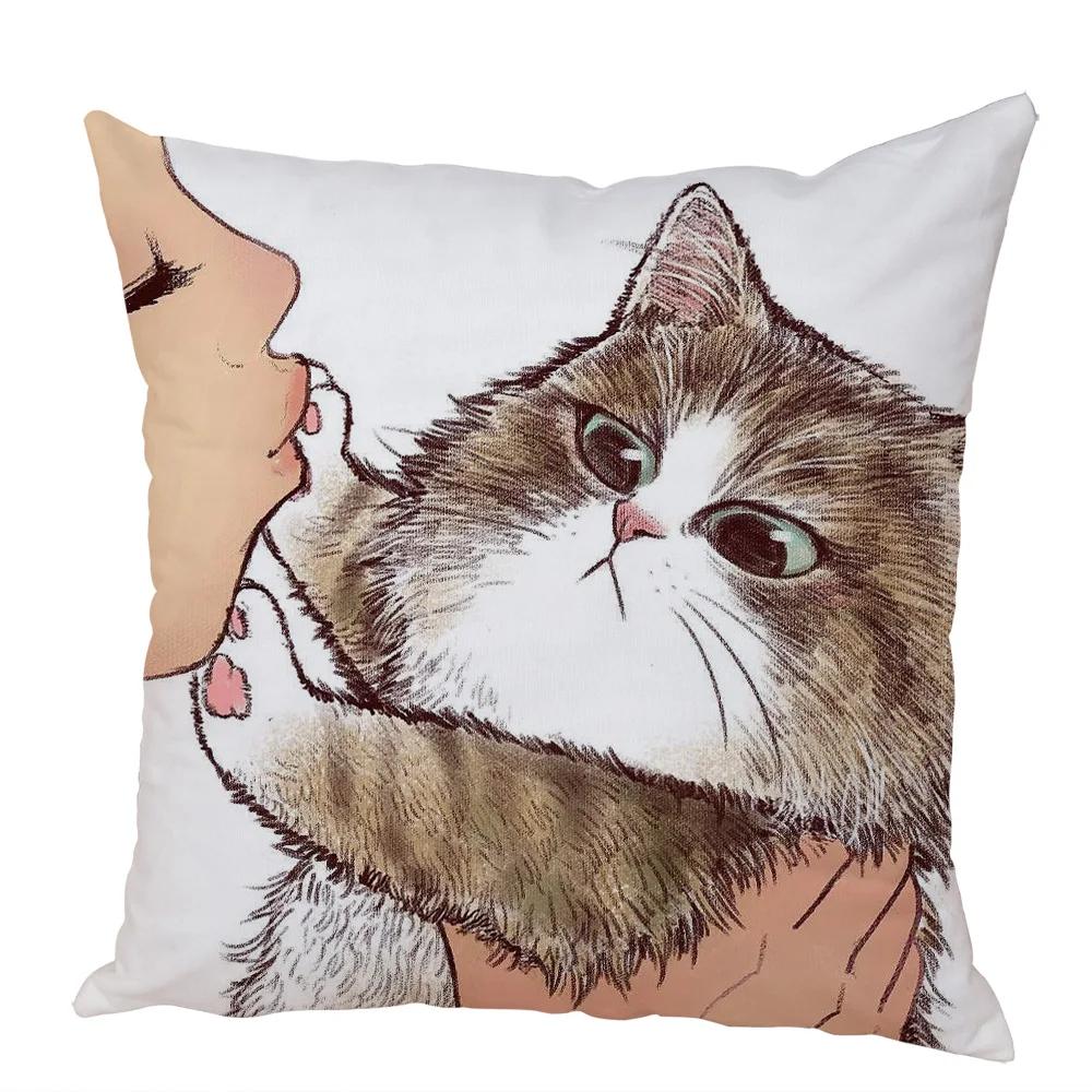 

Funny Love Kiss Cute Cat Cushion Cover Decor Cartoon Animal Pillowcase Print Cojines Peach Skin Pillow Case for Sofa Home 18x18Inch
