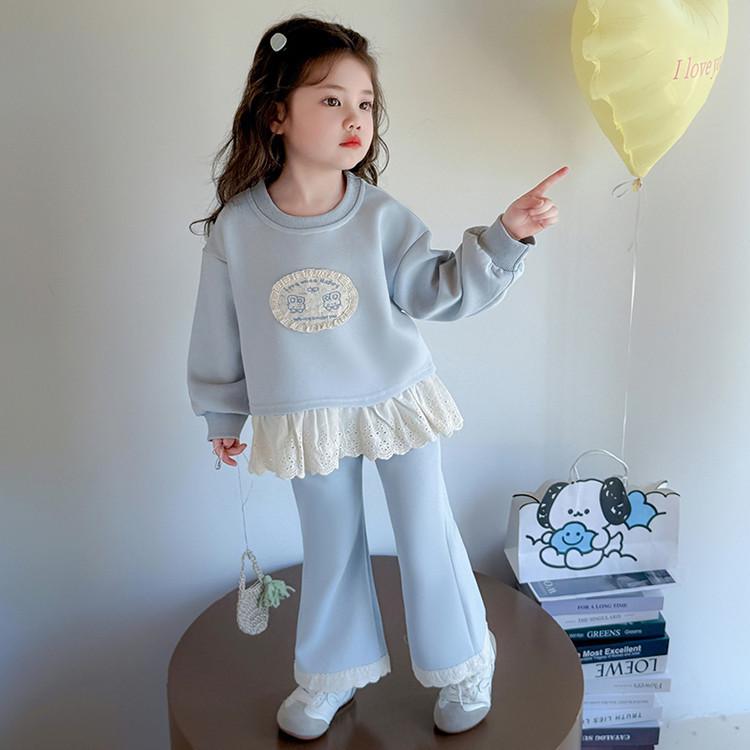 Meng Tang Tang Spring Lace Embroidery Cartoon Hoodie Two-Piece Set for Baby Girls