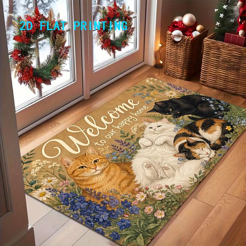 1pc, 2D Flat Printing, Welcome Home Cat Floral Entrance Mat, Non-Slip Machine Washable Easy To Clean Polyester Carpet, Suitable for Home And Outdoor D
