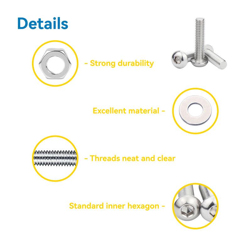 WZHUIDA 630pcs M3 304 Stainless Steel Hex Hexagon Socket Allen Button Head Screw Bolt Nut Assortment Kit ISO7380