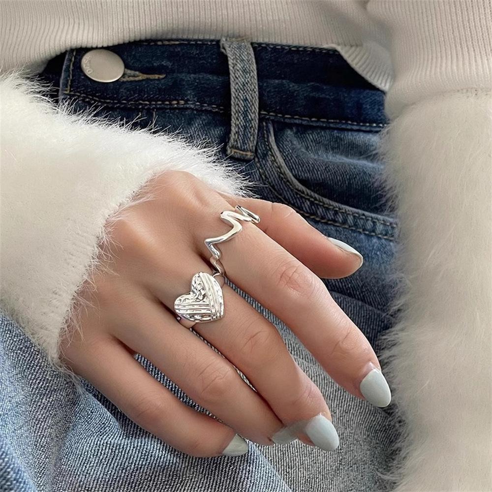 ECG Wave Love Ring Female Design Simple Geometric Lines Stacked Open Ring