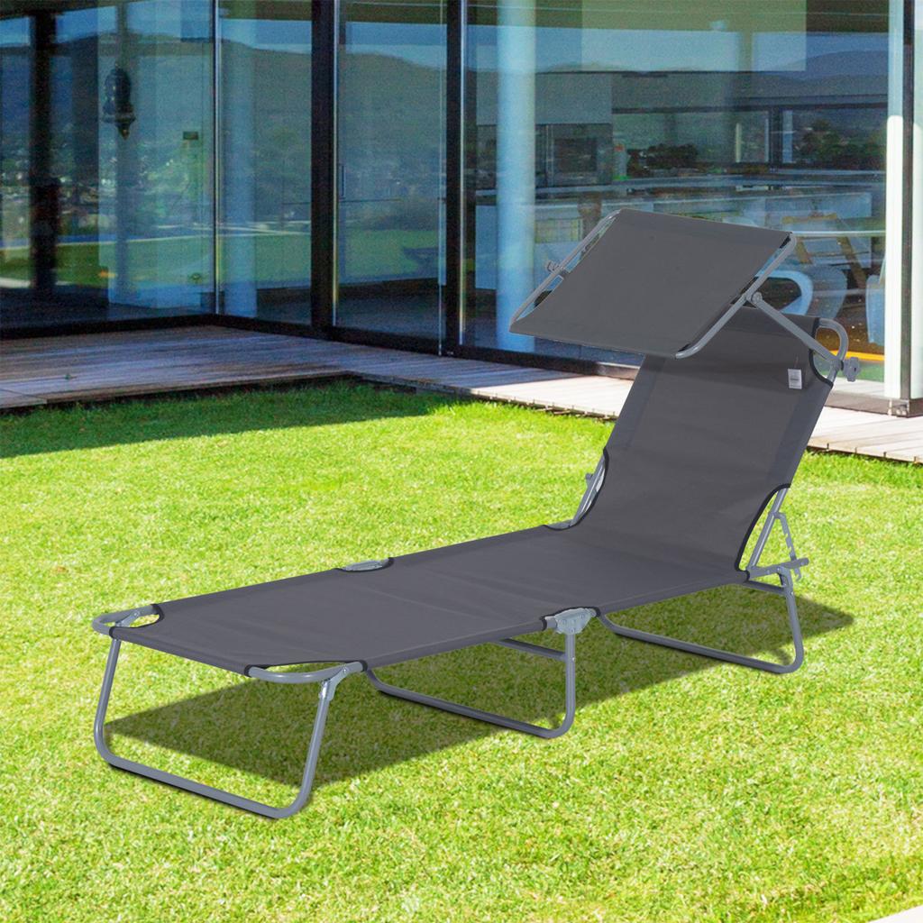 Foldable Sun Lounger, Garden Lounger with Sunshade, Beach Lounger, with 4-position Adjustable Backrest,  Suitable for Garden, Balcony and Pool, Gray