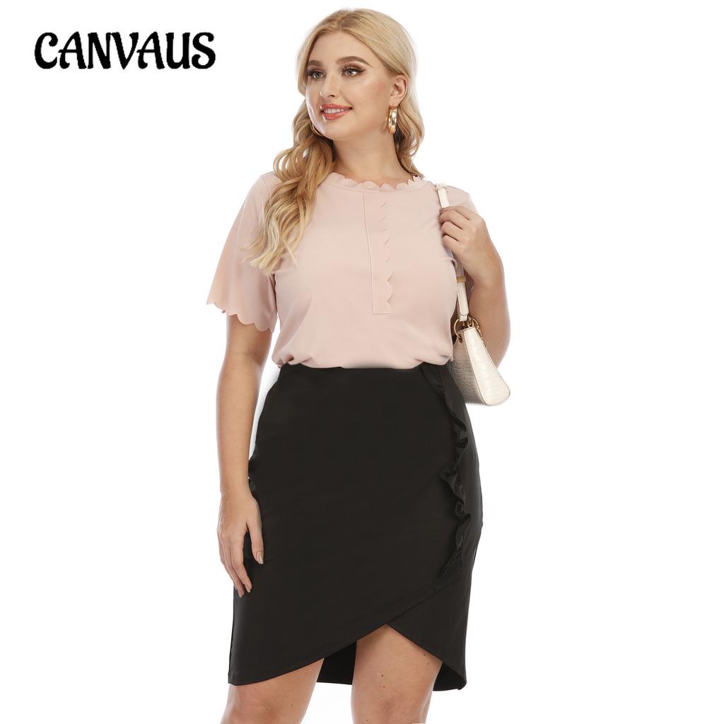 חולצות טי שירט לנשים קיץ בגודל פלוס שחבור קצה גלי חולצות טריקו פשוטות עם שרוולים קצרים