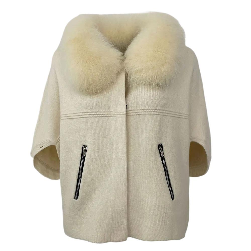 OFTBUY 2024 Herbst Winter Echt Fuchs Waschbär Pelz Kragen Mantel Gestrickte Pullover Frauen Kurzarm Jacke Dicke Warme