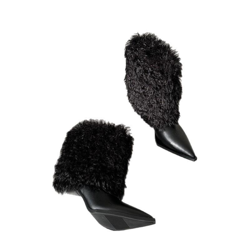 2025 Autumn and Winter New Fashion Versatile Lamb Wool Warm Fashion Stiletto Short Boots Women's Wear Pointed Low