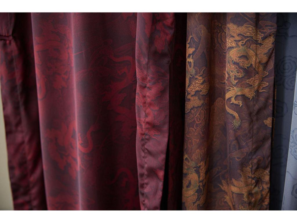 Chinese Silk Satin Dragon Print Long Shirt with Pan Kou Buttons - Purple Performance Robe