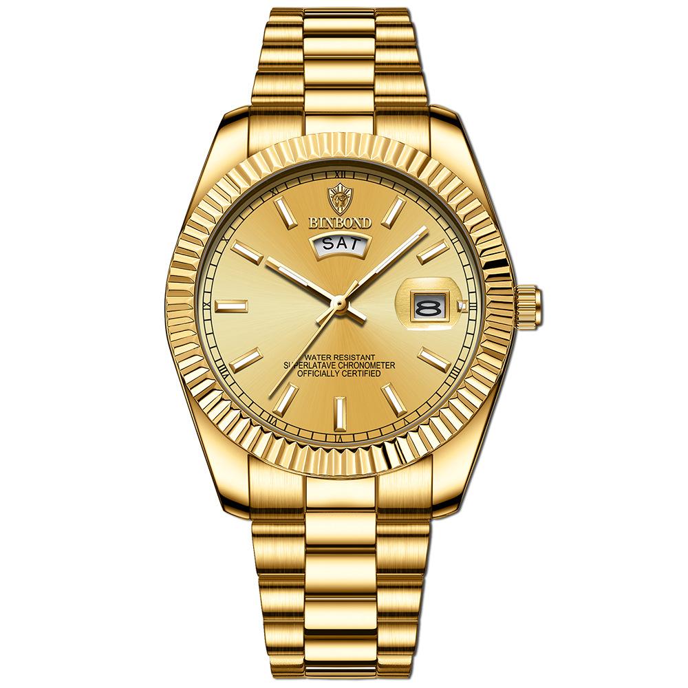 

BINBOND Gold Personalized Wristwatch Brand Mens Business Sports Quartz Watch Classic Waterproof Luminous Calendar Creative Clock золотий