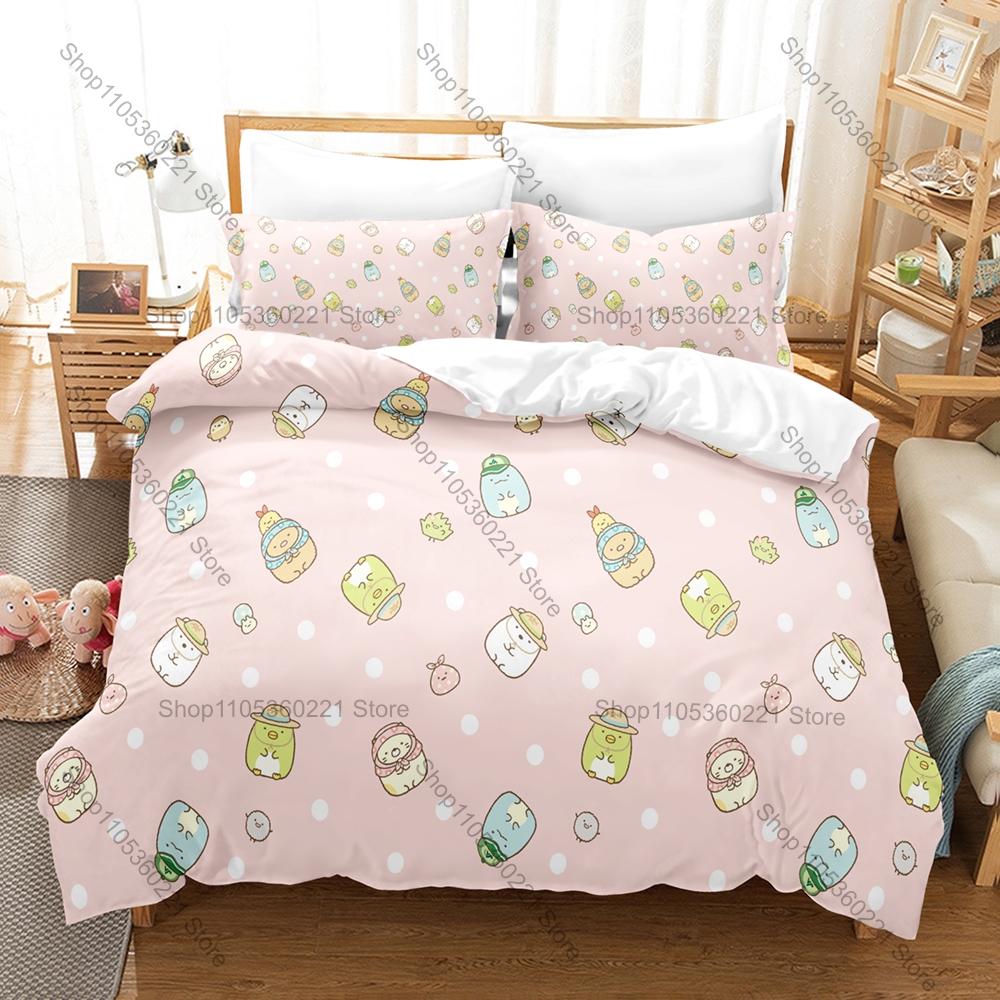 Sumikkogurashi Printed Bedding Set, Duvet Cover plus 2 Pillowcases, Adorable Cartoon Style Soft Microfiber Textiles
