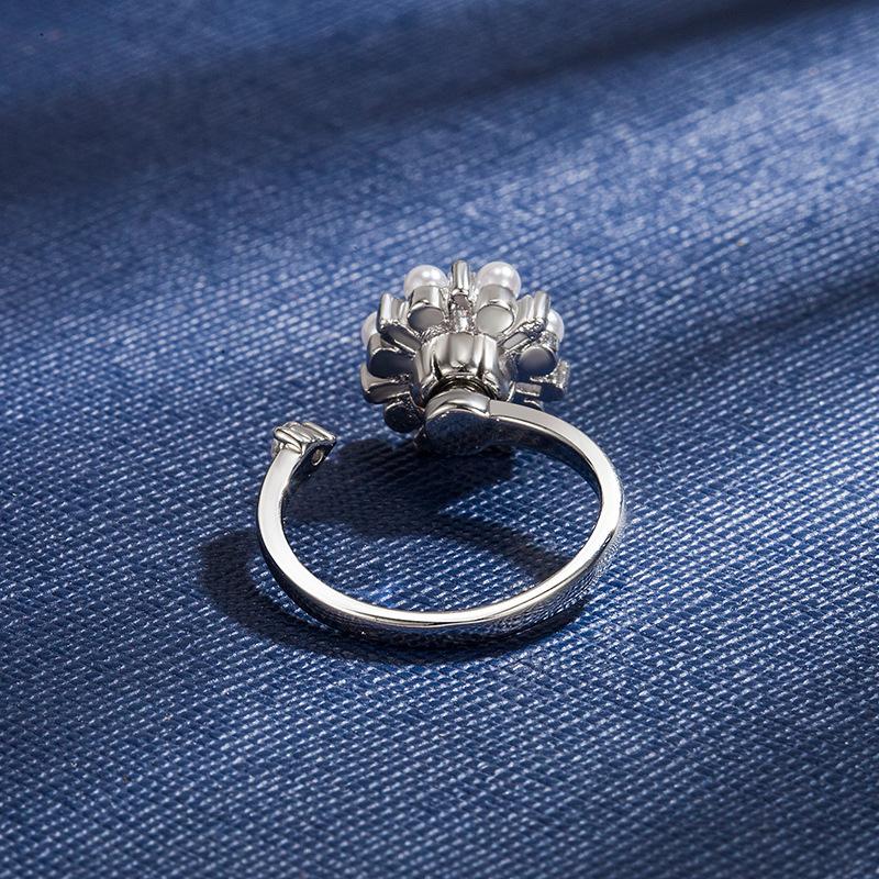 Korean Version Diamond Pearl Inlaid Zircon Flower Open Ring Adjustable Electroplated Copper Mesh Rotating Ring Women's Jewelry