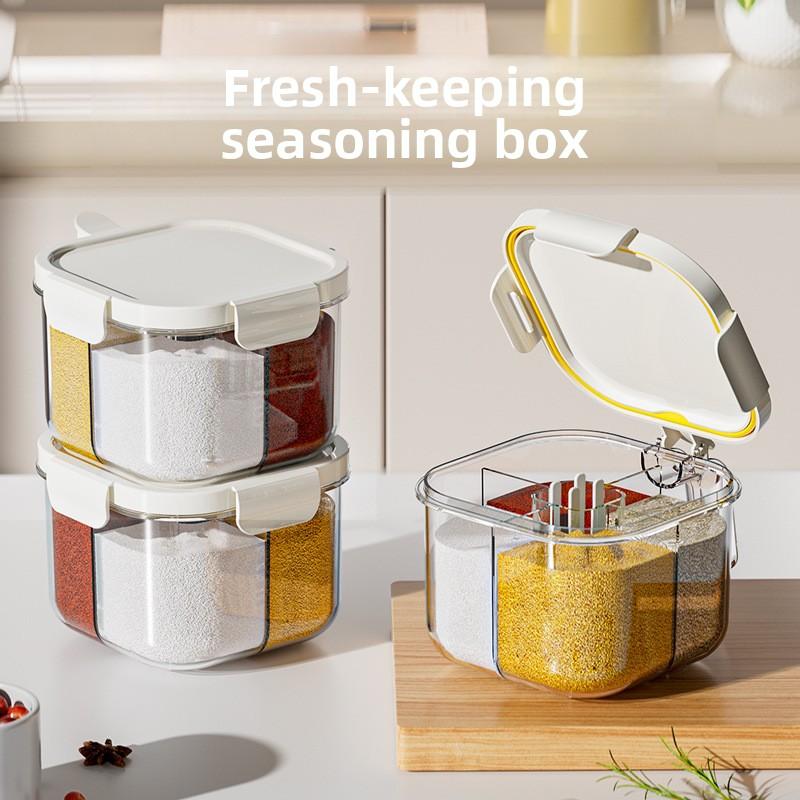 New Seasoning Box 4 Compartments Large Capacity Kitchen Household Seasoning Jar Seasoning Storage Box Moisture-proof Salt Shaker