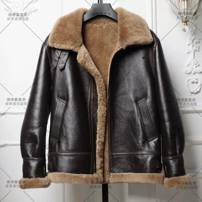 Thick Winter Genuine B3 Sheepskin Leather Jacket Mens Fur Coat Motorcycle Outerwear
