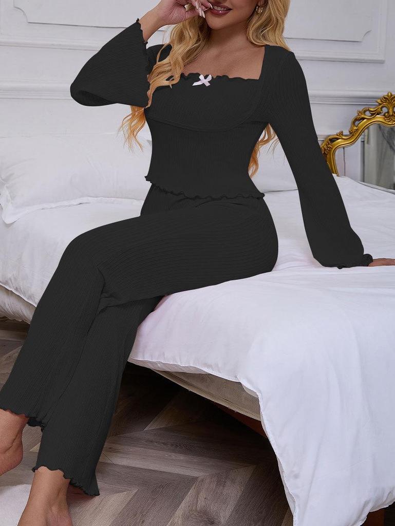 Women's Bell Sleeve Pajama Set: Sexy & Simple Long Sleeve Top with Bow and Long Pants