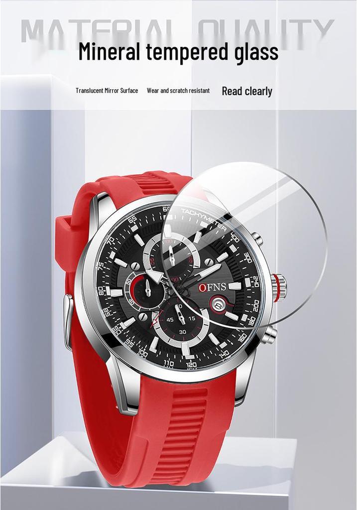 OFNS Business Men's Quartz Watch: Fashionable, Three Sub-Dials, Six Hands, Calendar, Waterproof.