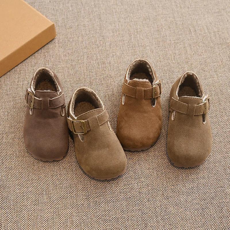 Children Flat Shoes Suede for Winter Kids Moccasins Non-slip Soft Sole New Boys Girls Leather Shoes Warm Retro Trendy