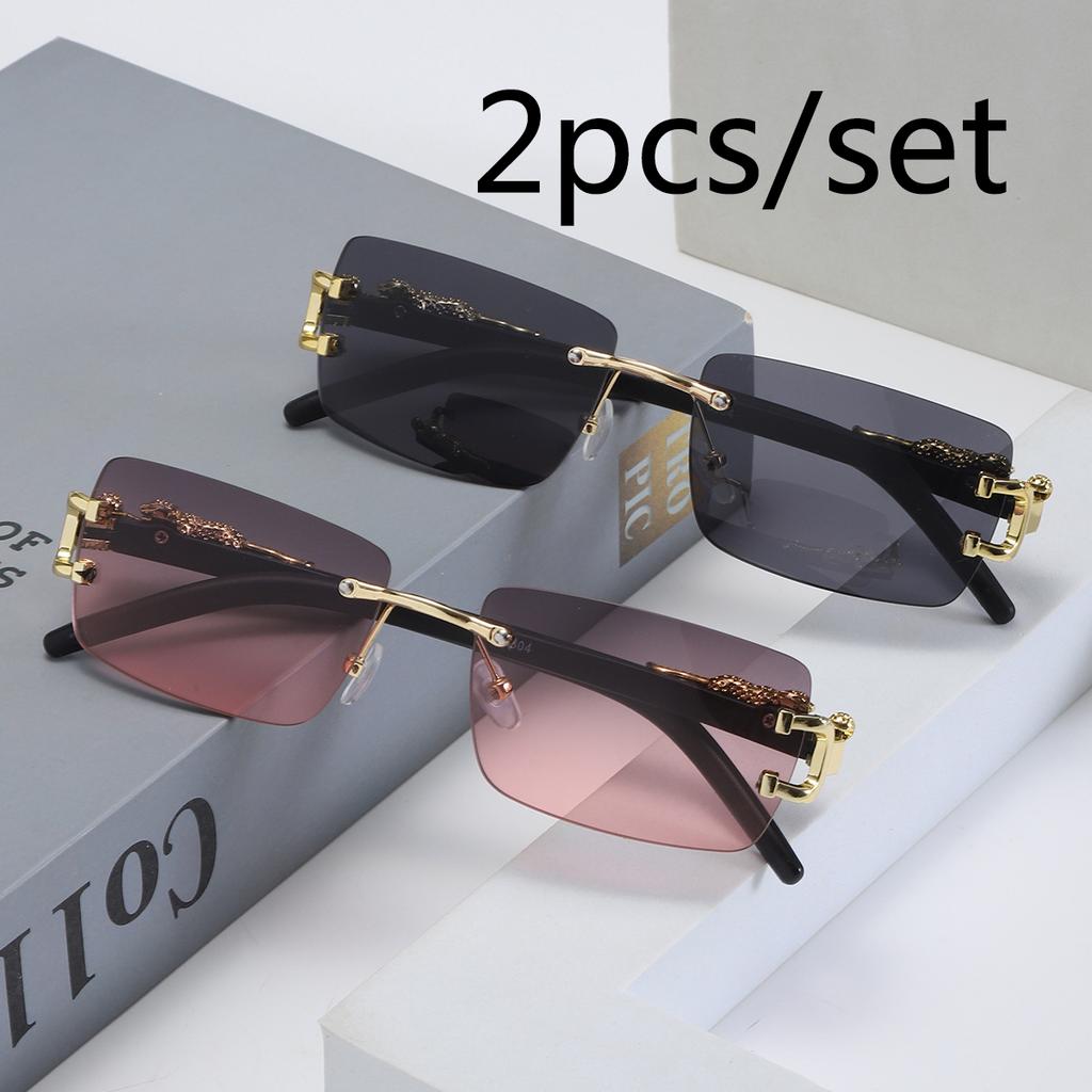2Pcs/set Fashionable Frameless Sunglasses Women Men Small Rectangular Personalized Sunglasses for Daily Life Vintage Sun Glasses