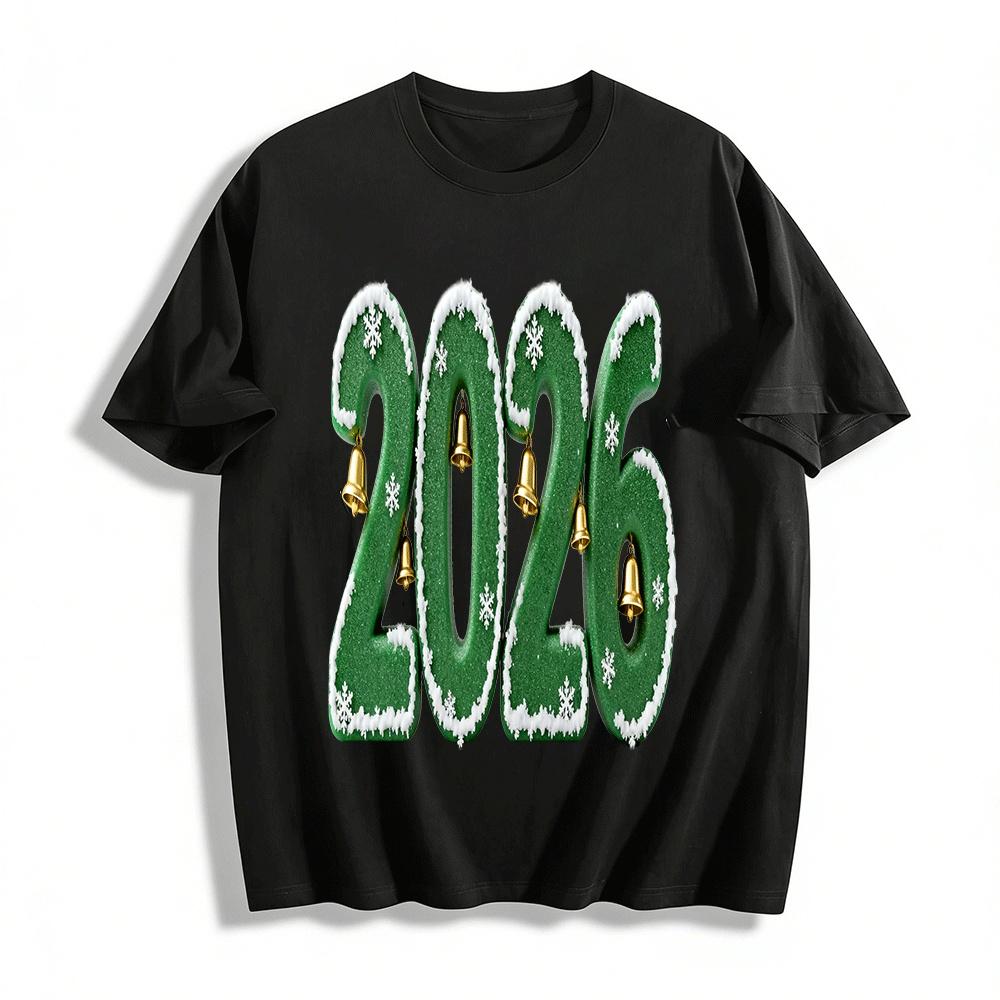 2026 New Year Snowflake Bell Print Casual Loose Top Pure cotton T-shirt XXS