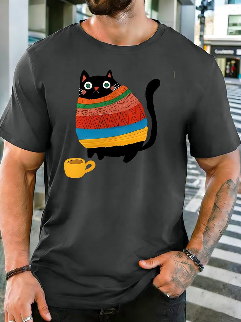 Unisexs White Crew Neck Tee Sweater Black Cat With Coffee Cup Cartoon Print Loose Summer Street Casual Daily Basic Short Sleeve Top