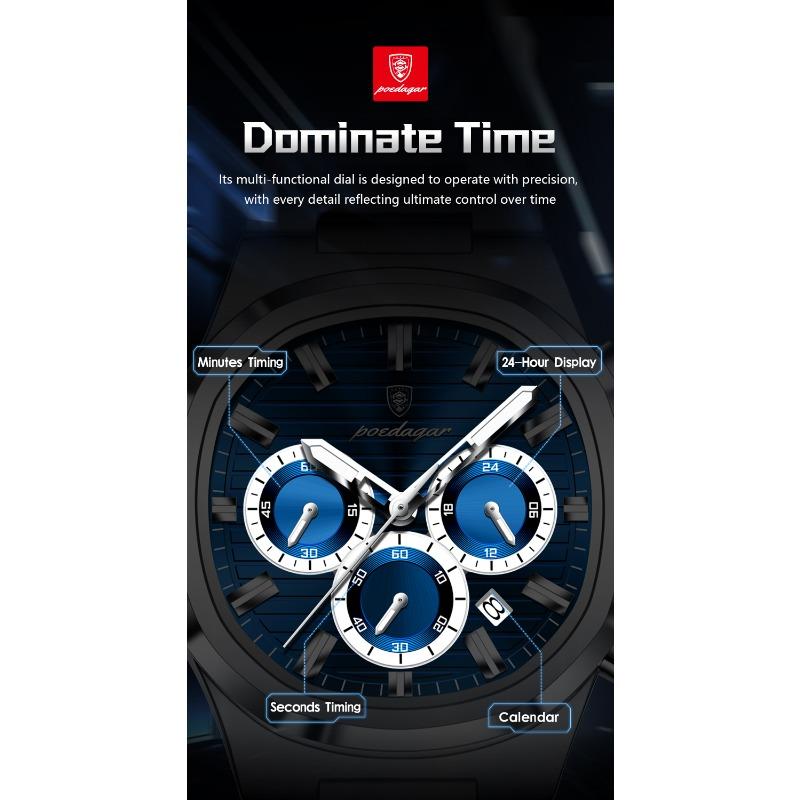 POEDAGAR Business Man Wristwatch Date Chronograph Waterproof Luminous Luxury Watch Stainless Steel Quartz Watches Male