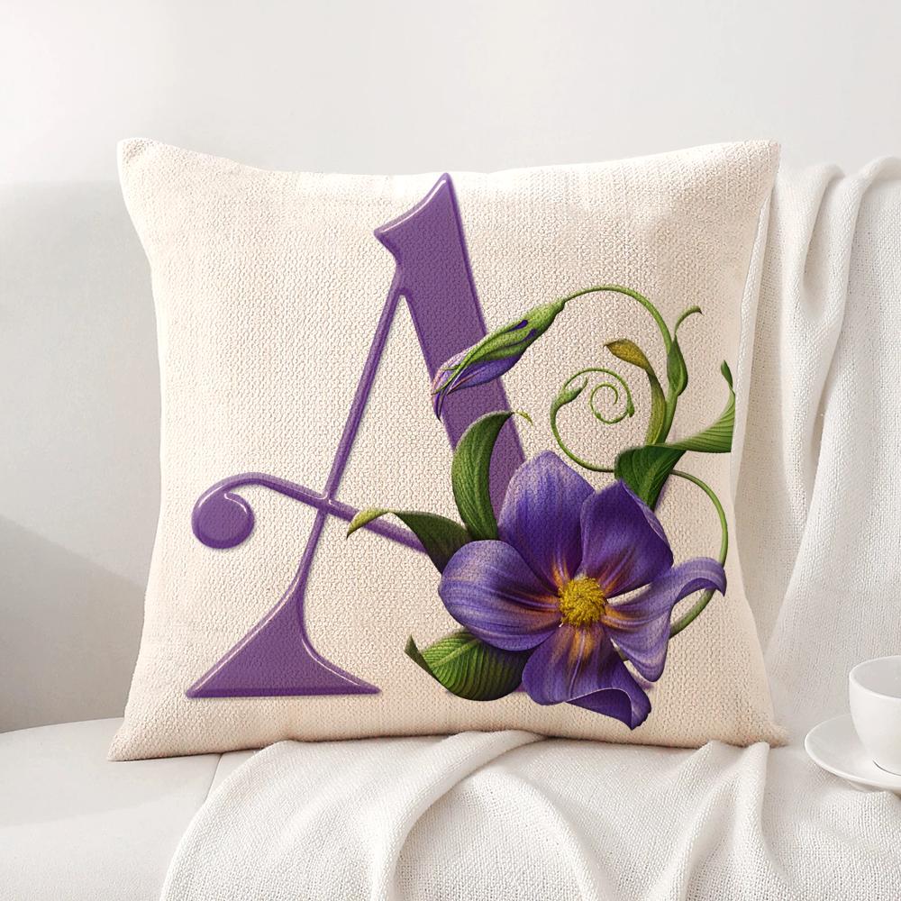 Simple Purple Flower Letters Cushion Cover Natural Linen Organic Fabric DoubleSided Printing Sofa Home Decor Breathable