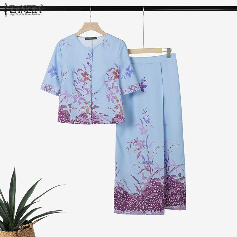 ZANZEA Women Half Sleeve Blouse and Midi Skirts Retro Print Casual Two Piece Suit Sets