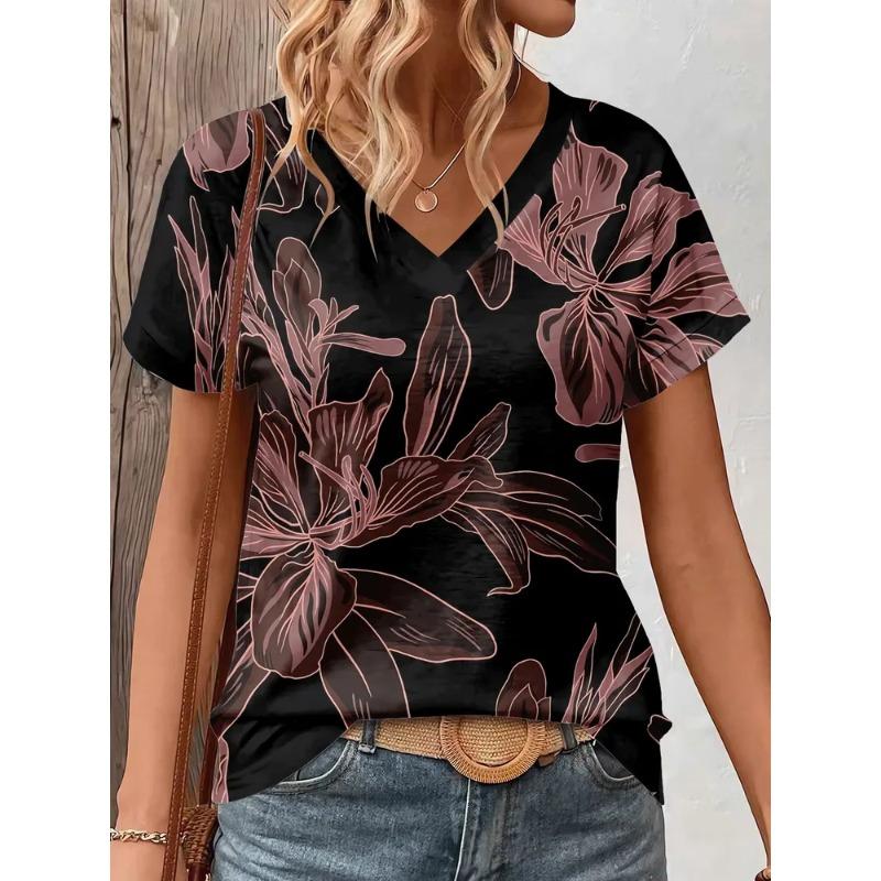 Summer Women's 3D Printed V-Neck T-Shirt Fashion Versatile Breathable Trend Casual