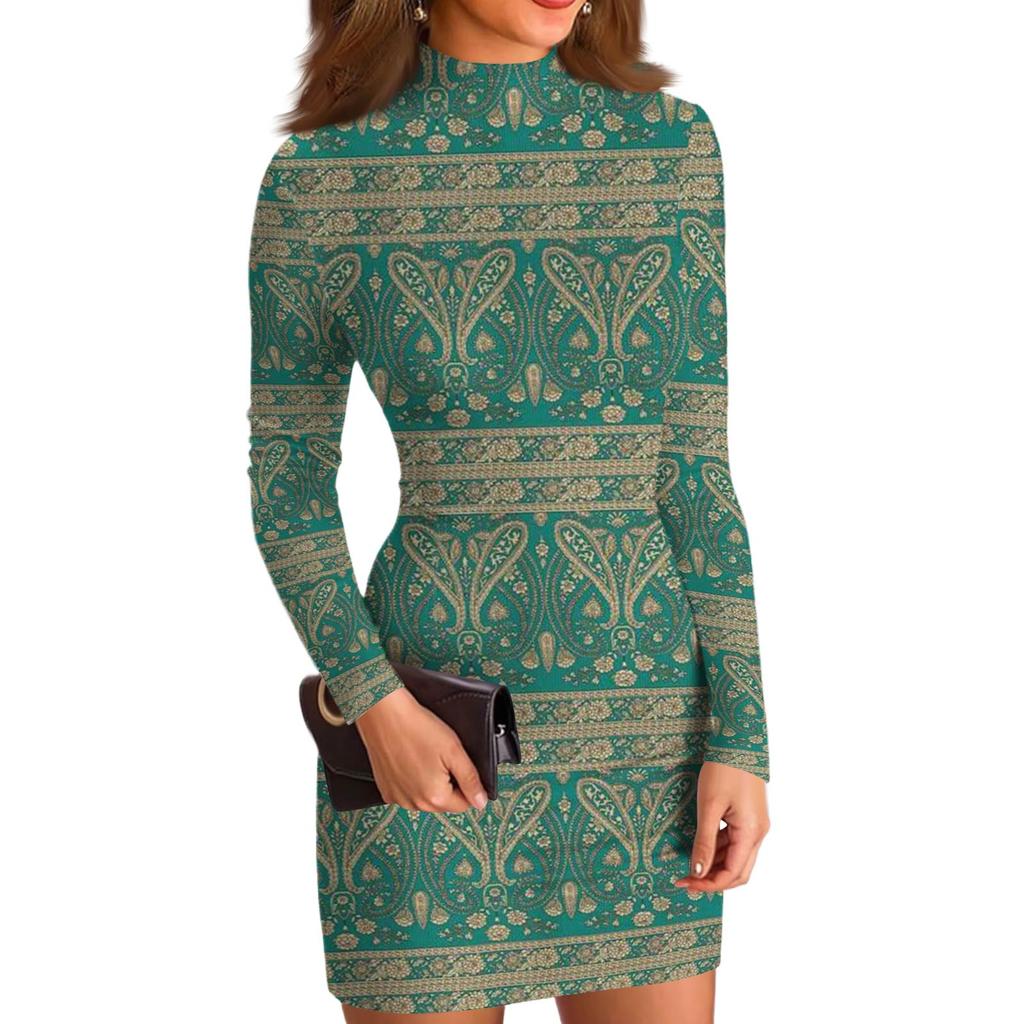 Women's High-Neck Casual Long-Sleeved Printed Slim-Fit Dress
