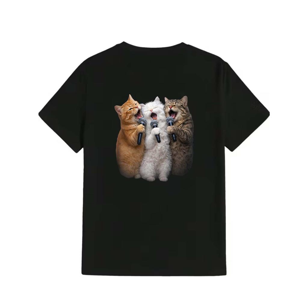 Three Singing Cats Cartoon Tshirt Short Sleeve Unisex Cute Animal Graphic Top Y2k Style Casual Streetwear Tees
