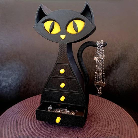 Black Cat Shaped Jewelry Box 3D Printed Cat Jewelry Organizer with 6 Drawers for Necklaces Bracelets Earrings Rings