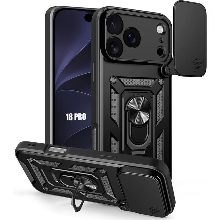 Coque pour iPhone 18 Pro, Protection Résistante avec Anneau et Cache Caméra Coulissant Noir