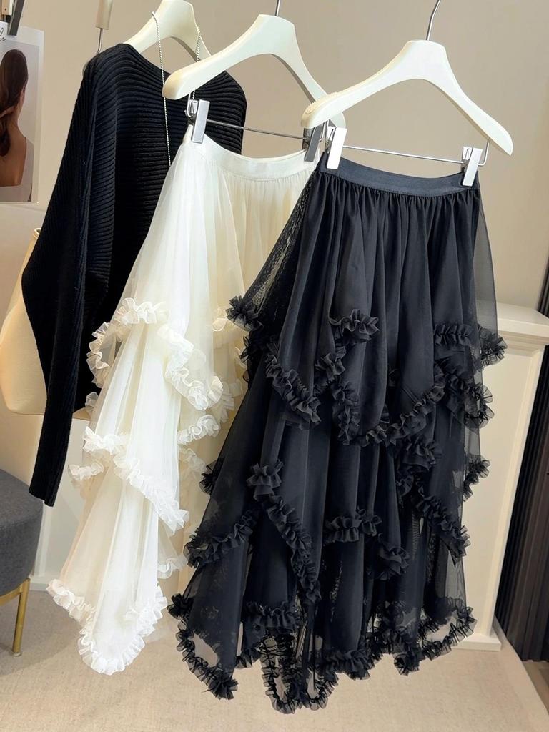 Women's Layered Wood Ear Lace Mesh Skirt, Fluffy A-Line, Early Spring Fairy Style