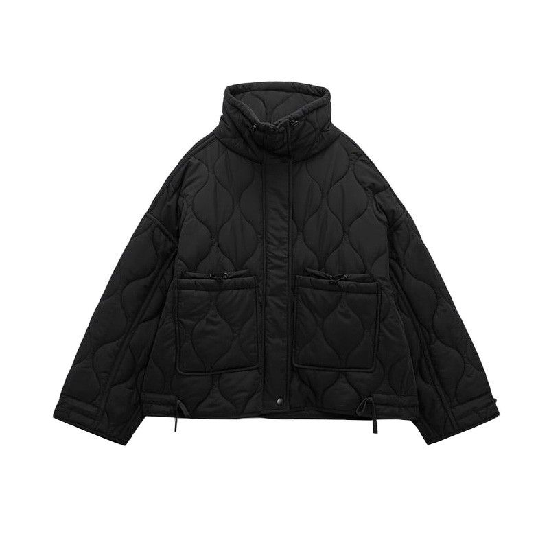 Autumn and Winter New Pocket Decoration Loose Long Sleeve Stand Collar Small Rhombus Cotton-padded Jacket Jacket 2969253