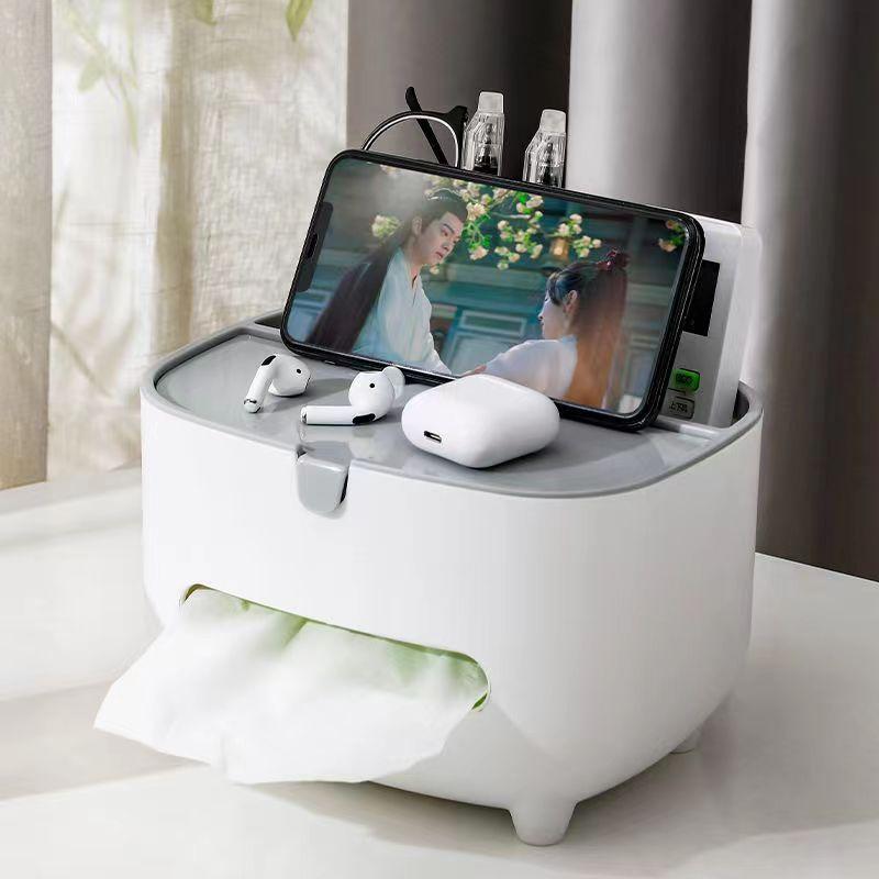Paper Towel Holder Multi Functional Remote Control and Miscellaneous Storage Box on The Table with Phone Holder Desktop Storage