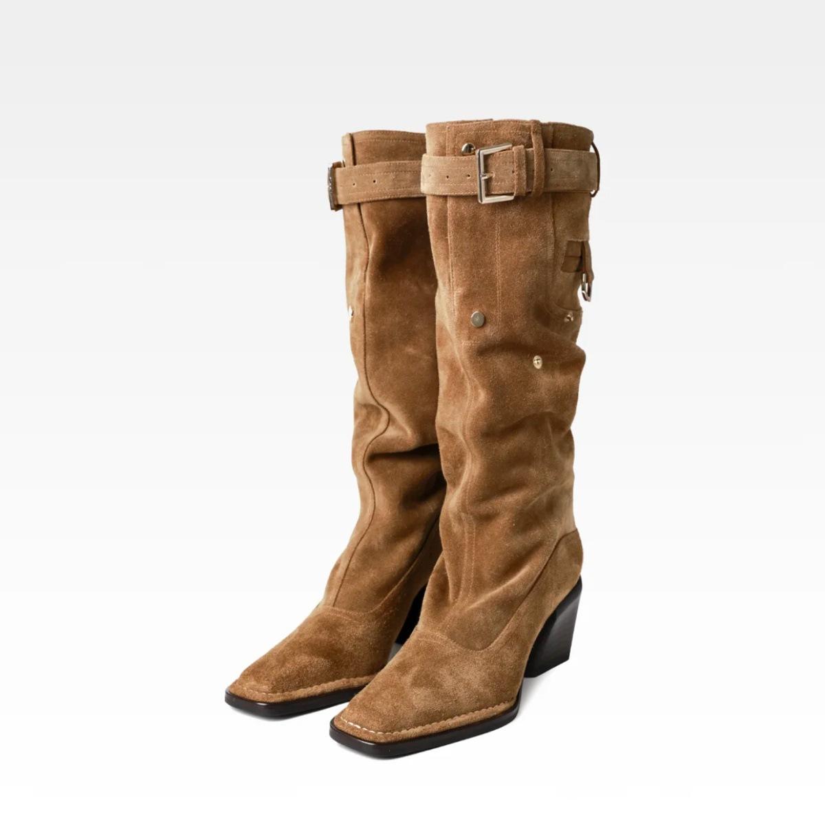 

Версия из овчины толстый каблук квадратная кожаная головка, но ботфорты до колена женские с леопардовым принтом, увеличивающие длину ног, ковбойские ботинки, ботинки на наборном каблуке 35 коричневый