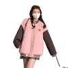Women's Pink Retro College Style Baseball Jacket - Spring/Autumn Patchwork Casual Top