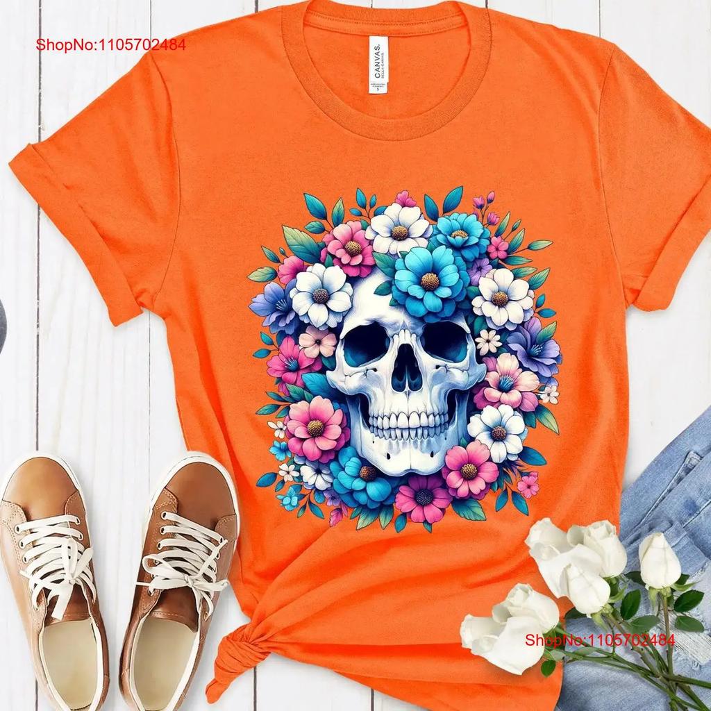 Unique HuUnisex Sugar Skull T Shirt Vibrant Floral DTG PrinT Artistic Day of the Dead Fashionable Top for vintage Washed Stretched