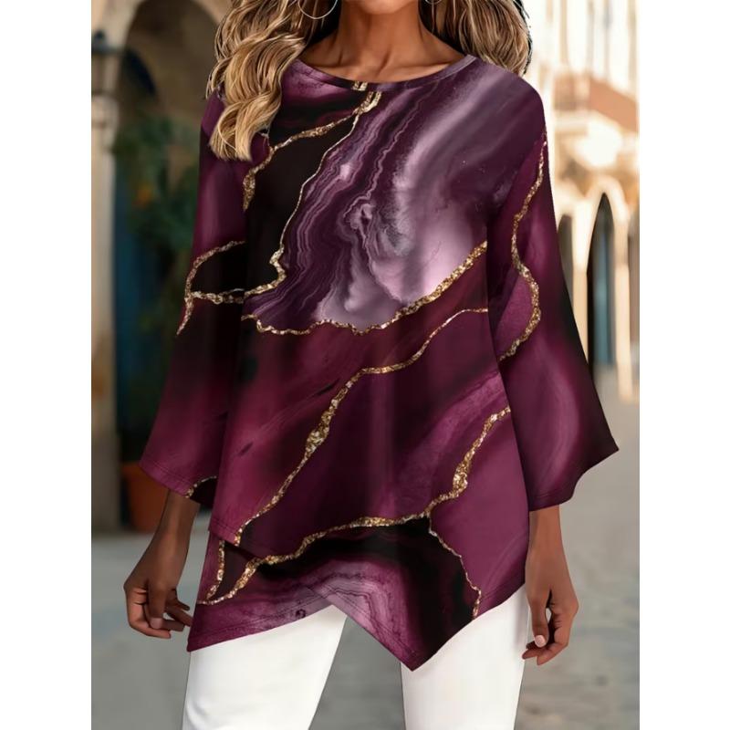 Women's fashionable printed round-neck T-shirt, with asymmetrical cross-over hem design, machine washable