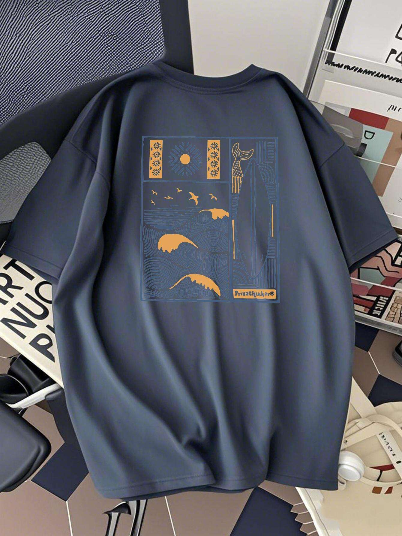 

Mens Japanese Wave Pattern TShirt Loose Dropped Shoulder Street Trench Shirt Brown Blue Coast Design Summer Fashion Art Print 4XL